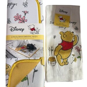 Disney Winnie The Pooh Bundle 2 Pack Drying Mat Plus 2 Pack Kitchen Towels